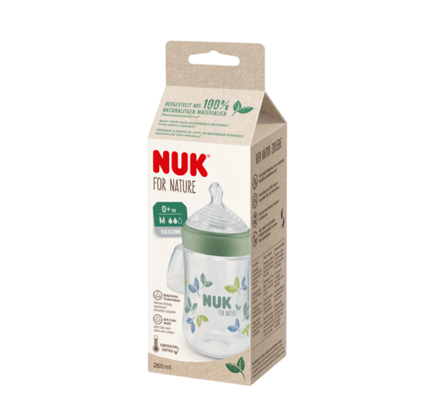 NUK FOR NATURE Shishe Plastike Silikoni Anti-Colic Medium Flow 0m+ *260ml (temp. control)